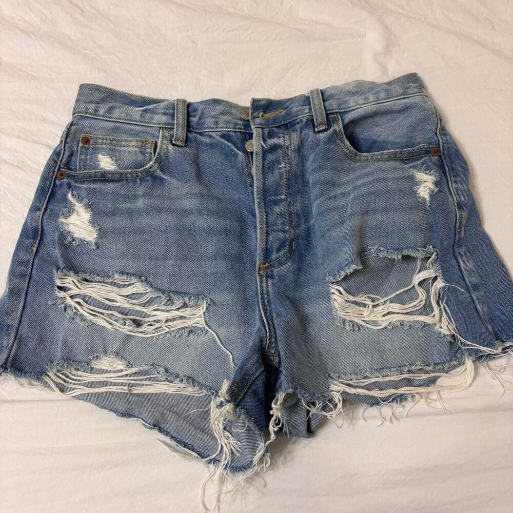 CELLO Distressed Ripped Medium Wash Denim Blue Medium Women's Blue Shorts